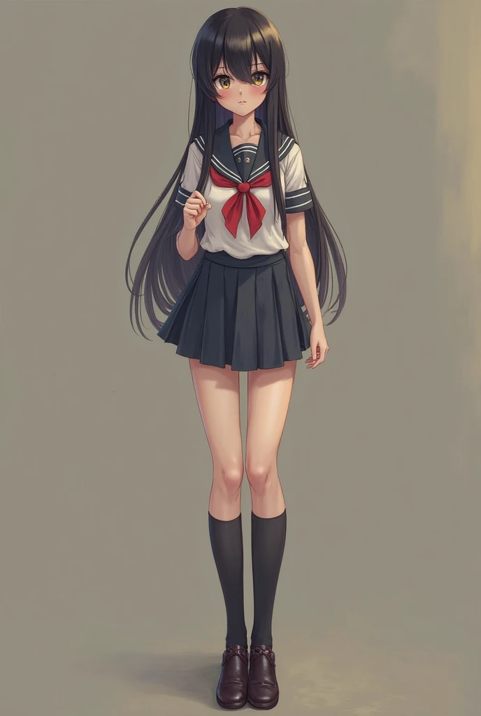 Tall and willowy, long legs that seem to go on forever. She has a modest A-cup under her uniform but blushes fiercely when embarrassed.She has long dark hair that covers her left eye, she's rather pale with red cheeks when blushing. She wears the school un...