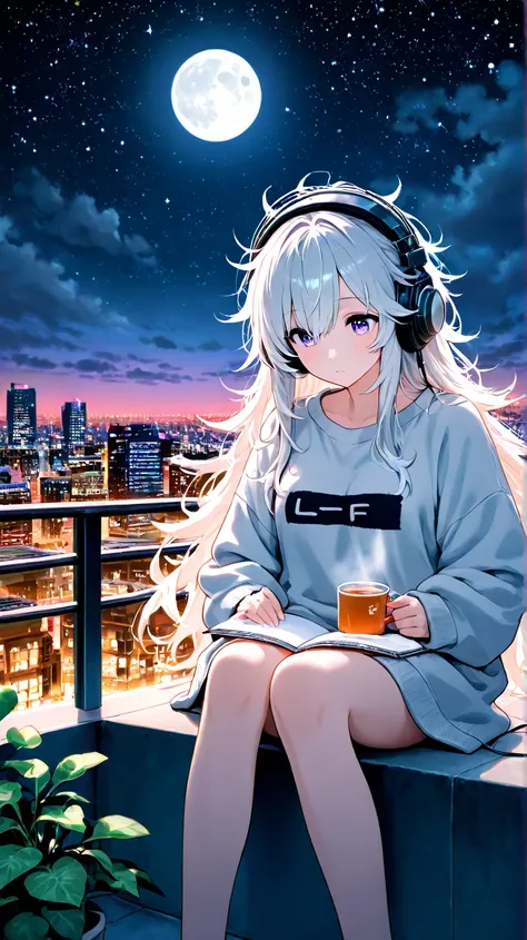 A girl with messy hair, oversized sweatshirt and large headphones sitting on the roof of a building,  looking at a city illuminated at night . She holds a notebook with doodles and a cup of hot tea. The sky is starry, with some thin clouds and a full moon....