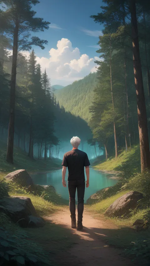 high resolution, mid range, Anime boy with short white hair, red eyes with 3 volumes in the iris, resembling sharingan, clothing black shirt,  detailed landscape, dramatic sky, Mysterious Forest, warm light, fantasy atmosphere, arte conceptual, digital ill...