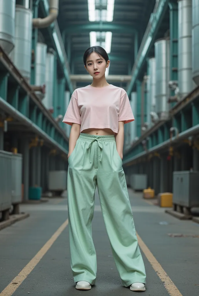 highest quality,masterpiece,High Resolution,8k,1 woman, front view,((full body shot 1.3)),standing,camera,golden ratio, perfect anatomy, (Ultra short hair), narrow waist, (tiny breasts), slender,(wearing cropped pastel colors t-shirt),thick baggy pants,(dy...