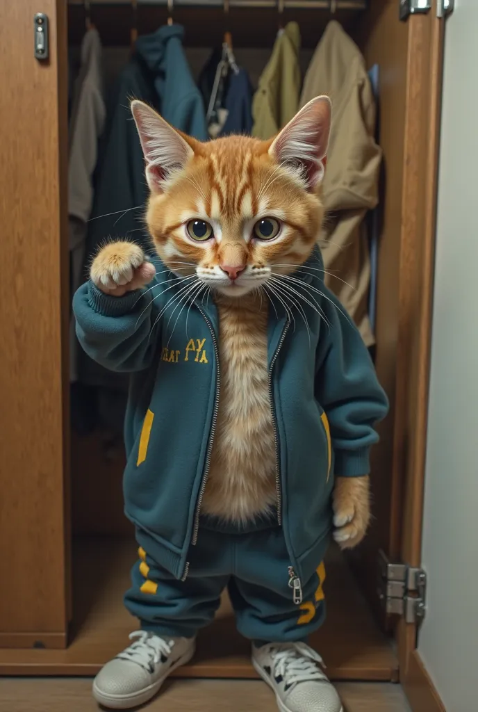 A realistic, cinematic  After a few moments of hesitation, the cat’s expression turns determined. It nods to itself, as if saying, "I need to change!" It opens a drawer or locker, pulls out sportswear (a tracksuit, headband, or sneakers), and puts it on.