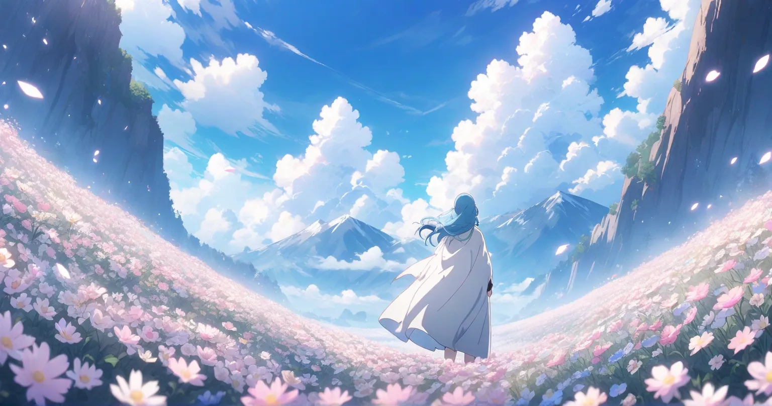 blue sky　Asahi　blue hair long　woman　A tattered and dirty white cloak　nature　 Fantastic　Anime anime keyvisual, Alone, cowboy shot, wide shot, blue hair, from behind, flower field, 