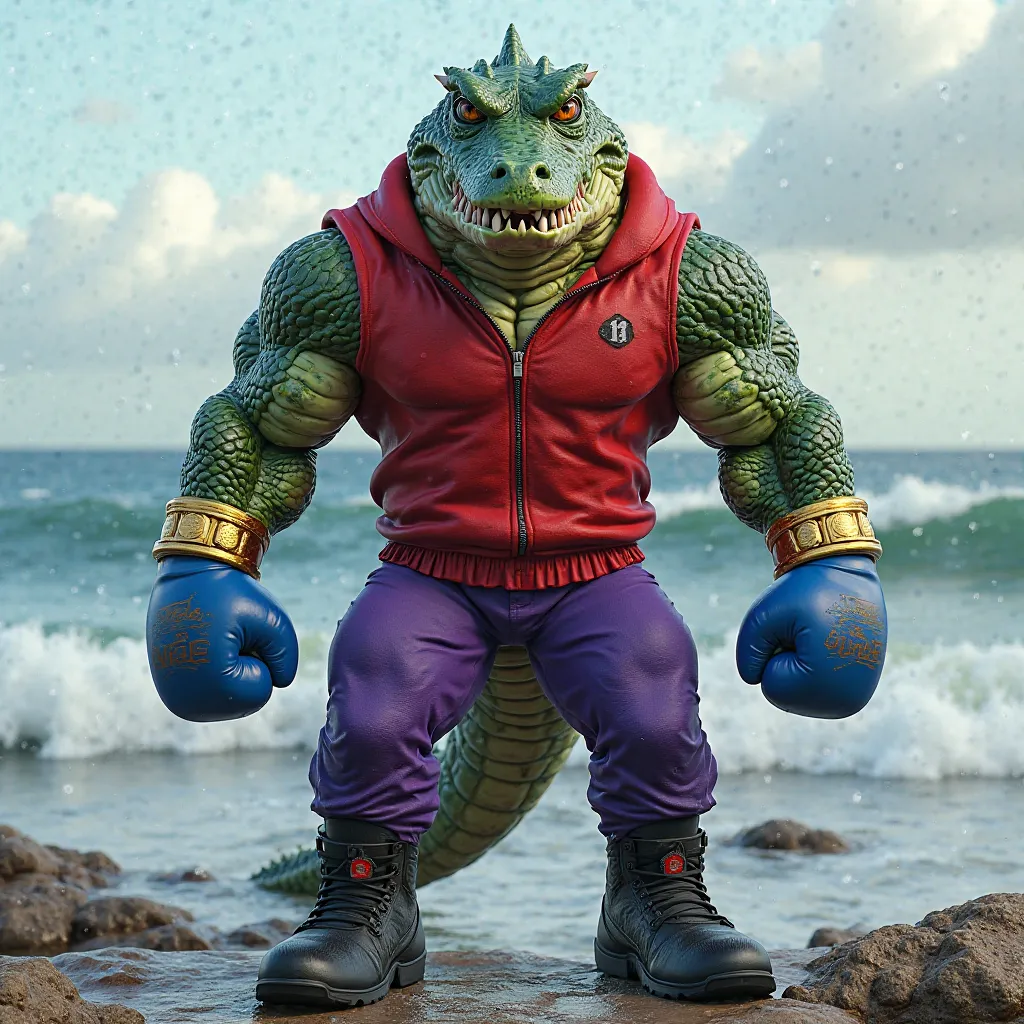  Green muscular crocodile furry jock in gold bracelets, wearing black boots , purple pants, in a red sleeveless zip-up sweater, wearing blue boxing gloves stands against the sea