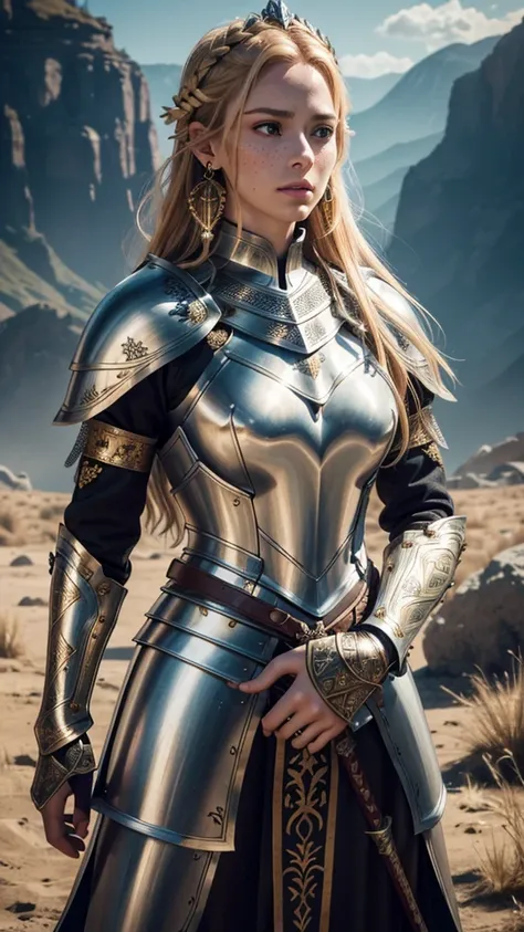 A very detailed, stunningly,  adult beautiful woman , noble shiny armor, Chainmail, longsword, armoured sleeves,  gold decorated . Lots of patterns, many engravings in the armor. many fine grains, Courageous look, sword in hands. Remote recording. Sword fi...