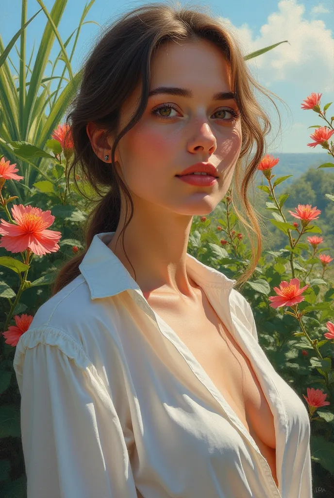 a European woman in a lush cottage garden, wearing an open white shirt, Close-up of her harmonious beauty, realistic facial detail, soft expression, Flower garden,  tropical plants , clear blue sky,  soft light, photorealistic, oil painting, vivid color, h...