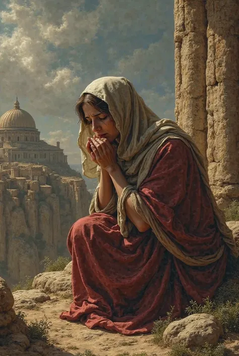 Mary Magdalene kneeling and weeping, Looking at Jesus being crucified, clothes and landscape must be of the crucifixion on Golgotha in Israel in the biblical temple.