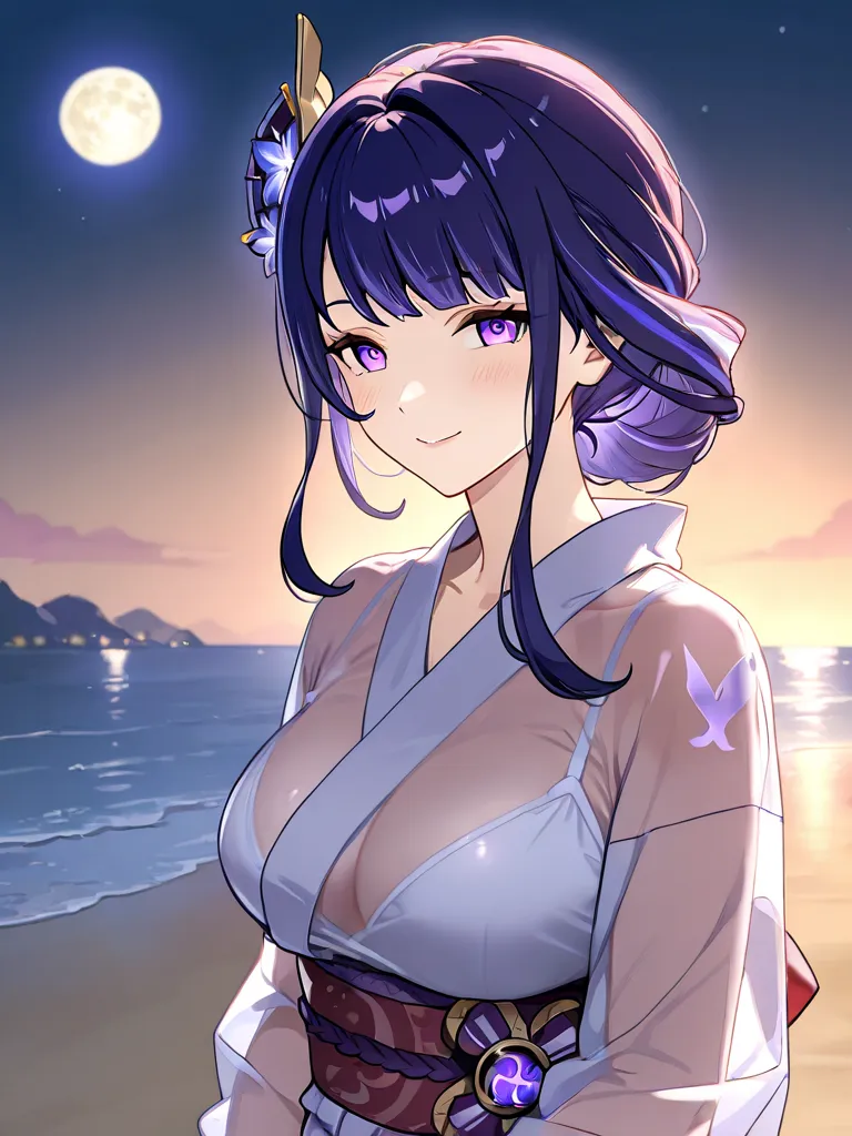 1 girl, Translucent fabric, beach, summer, smile on face, wife ,   smile on her face, 1 girl , purple eyes, yukata miko, red yukata , yukata, night,moon🌙, genshin impact, raiden Shogun , Adult woman, wife, Different hairstyles, Beautiful hairstyles,