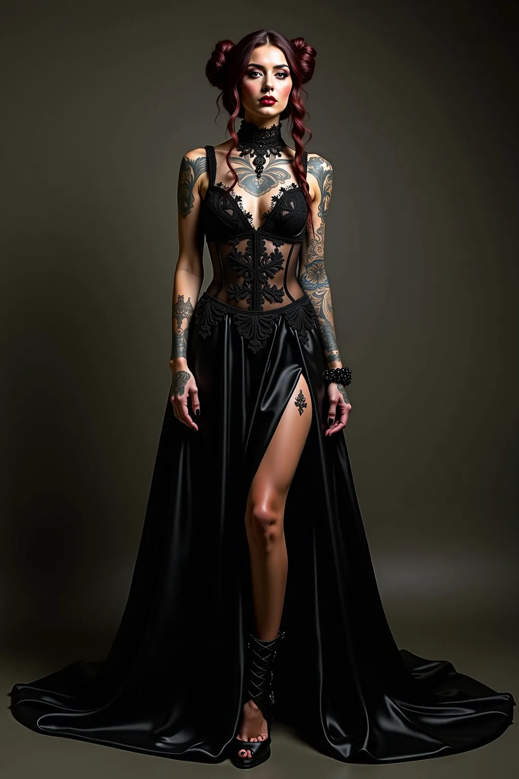 a woman with body full of tattoos in a gothic punk dress posing for a picture, a picture by derek zabrocki, trending on instagram, art nouveau, wearing gothic long gown, revealing stylish gothic dress, long gothic dress, silk gothic dress, full body photos...