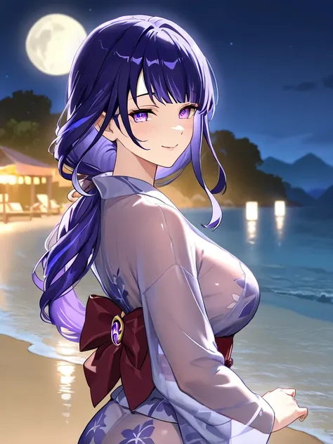 1 girl, Translucent fabric, beach, summer, smile on face, wife ,   smile on her face, 1 girl , purple eyes, yukata miko, red yukata , yukata, night,moon🌙, genshin impact, raiden Shogun , Adult woman, wife, Different hairstyles, Beautiful hairstyles, sexy y...