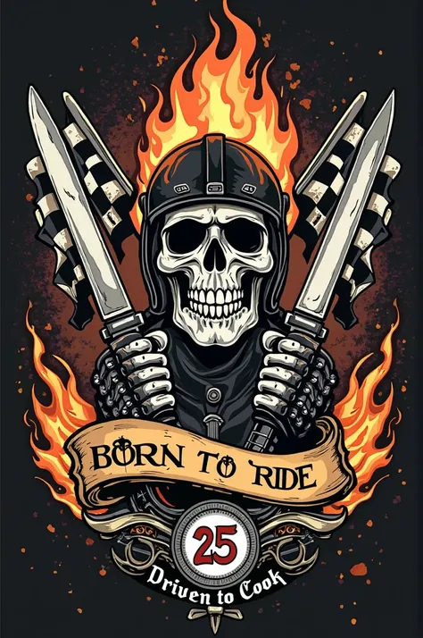 A highly detailed vector illustration of a skull wearing a flaming biker helmet, with bold hatching and shading for a striking effect. The skull grips a wrench and a sharp chef knife, crossed behind a checkered racing flag, symbolizing speed and craftsmans...