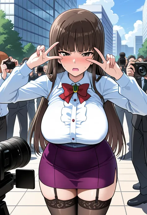 1girl, masterpiece,best quality,amazing quality,absurdres, cowboy shot,nishizumi shiho, girls und panzer,large breasts,mature female, large breasts,white shirt, center frilles, red bow, purple skirt, pencil skirt, black thighhighs, garter straps,,Embarrass...