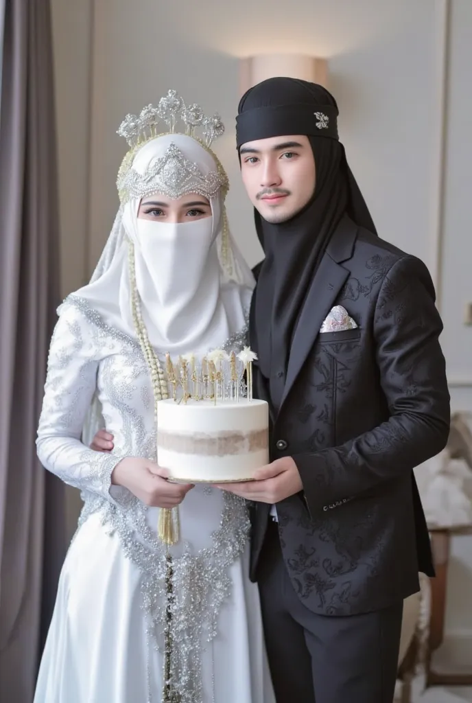 A stunningly beautiful hijabi woman and her handsome, well-groomed partner, captured in a classic black-and-white tone. They exude elegance and sophistication, with intricate details and ornate patterns that evoke a sense of luxurious vintage romance.  

T...