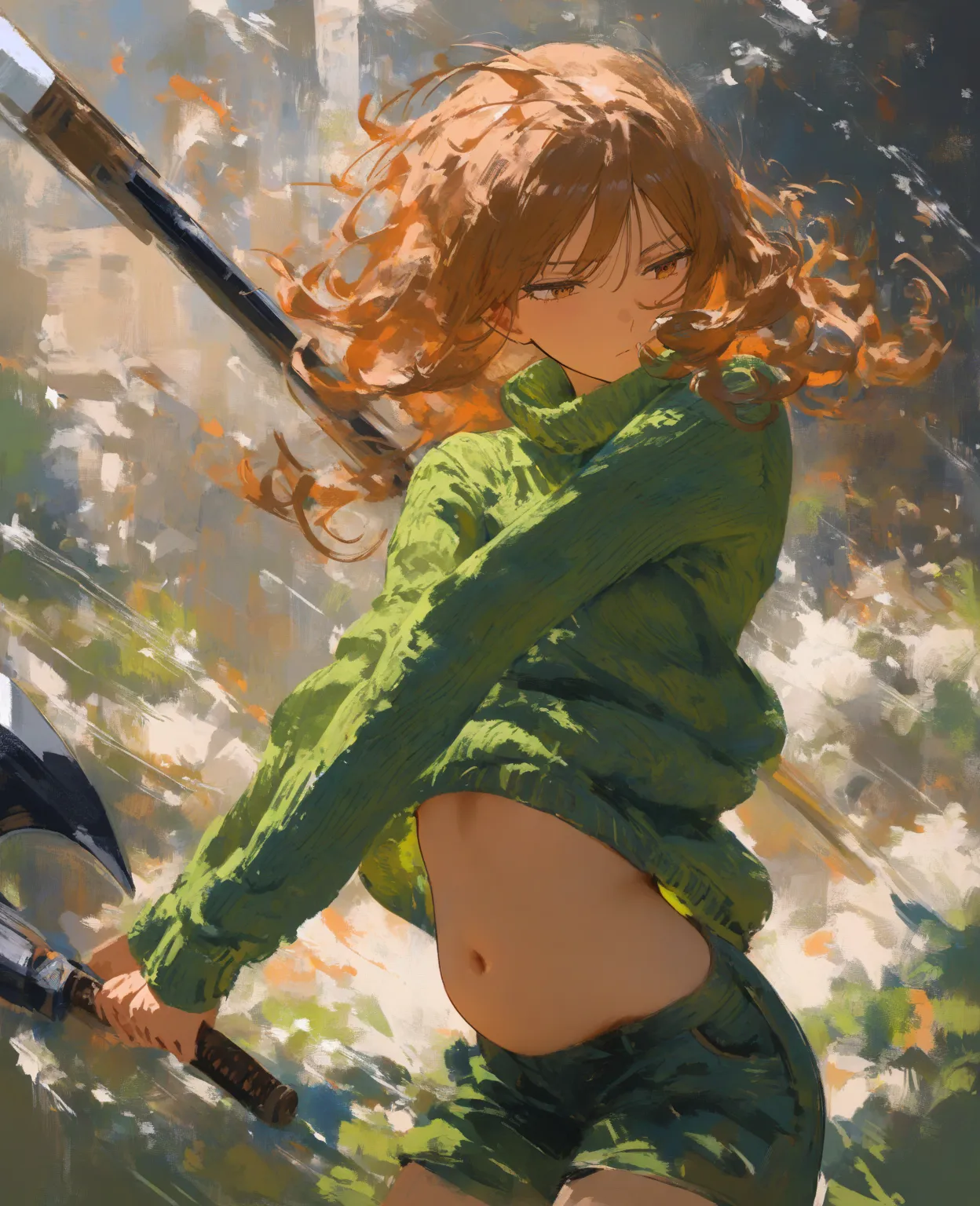  1girl , Konan Kirie,  world trigger,  orange shorthair、curly hair sticking out of the air、cobalt green high neck short knit sweater with visible belly,cobalt green shorts、 A long axe about the same height is swinging down from the air,  Street Fight , fau...