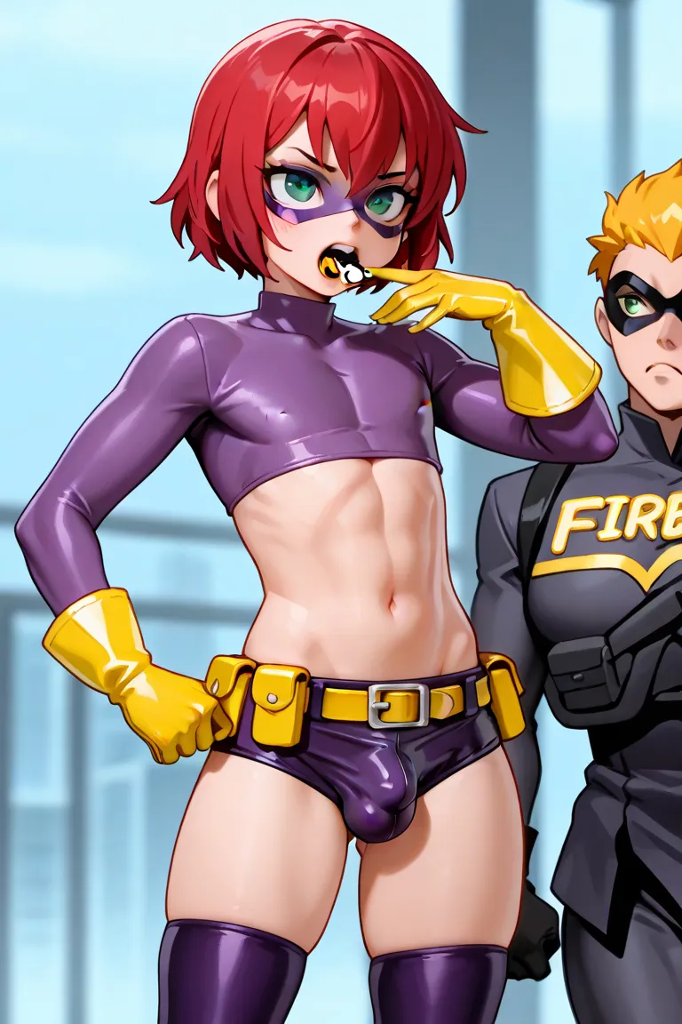 emboy , trap, crop top, flat chest, (bulge), (((boy ,femboy , female, otoko no ko))), ultra-detailed, beautiful, best quality, thigh high socks, short hair,femboy , thin waist, cute guy, Sexy guy,1woman,red hair,green eyes,Batmask,domino mask,purple bodysu...