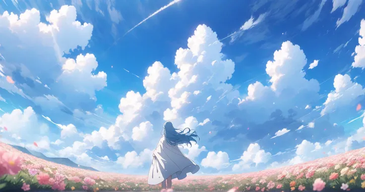 blue sky　Asahi　blue hair long　woman　A tattered and dirty white cloak　nature　 Fantastic　Anime anime keyvisual, Alone, cowboy shot, wide shot, blue hair, from behind, flower field, 