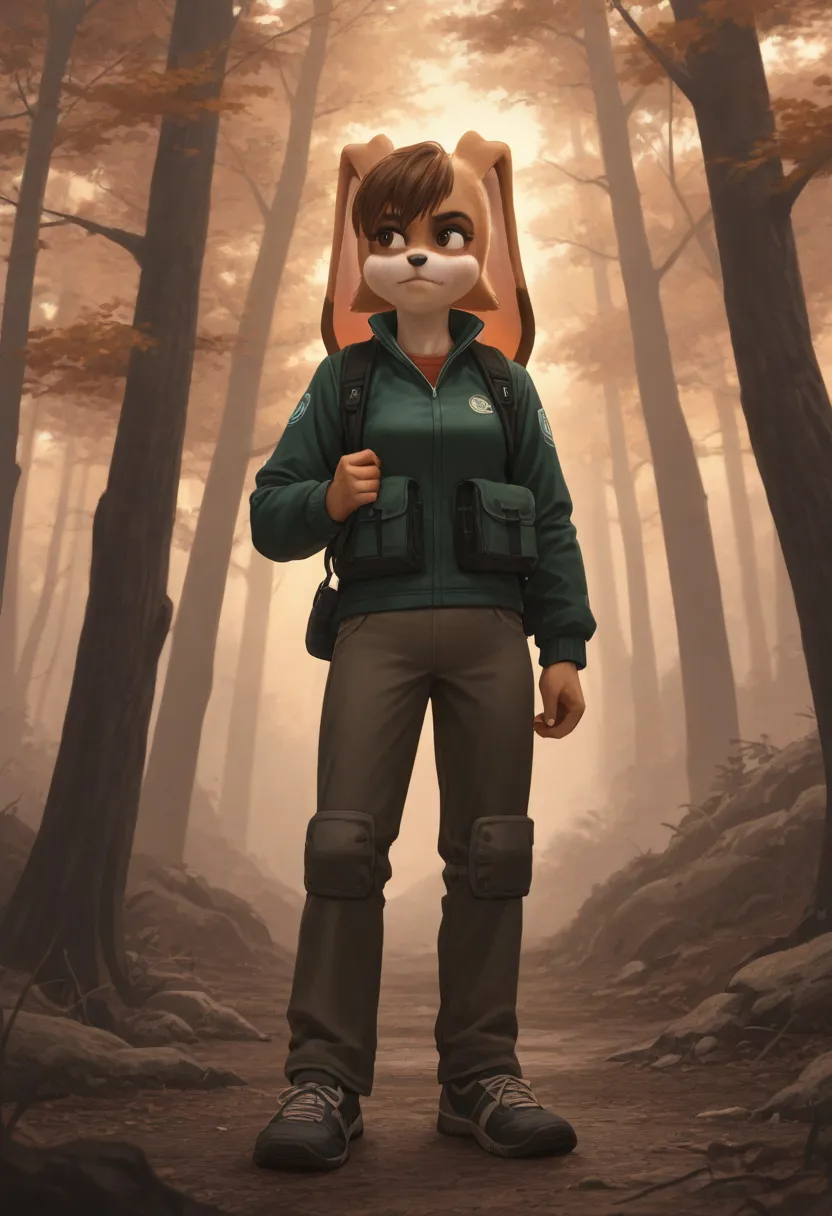 there is a female in hiking clothes in the woods near a fallen tree, 1girl, solo, shoes, pants, realistic, outdoors,vanilla the rabbit