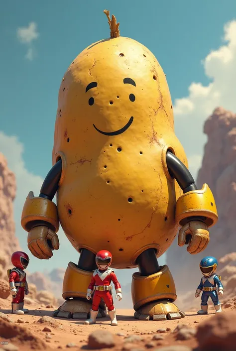 Anthropomorphic potato with dotted eyes and mouth of a line disguised as a megazord, Add 3 Power Rangers that reach knee height to the Megazord potato