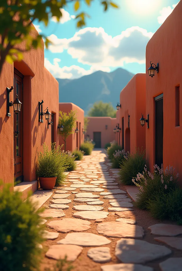 An 8K UHD ultrarrealistic image of the town of Taos, New Mexico, with a serene and mysterious atmosphere. The scene is vibrant and peaceful, with detailed textures of the adobe buildings and the glowing sunlight. The background is soft and blurry, creating...