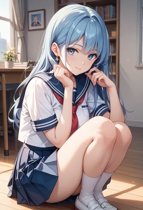 masterpiece, highest quality, High Resolution、highest quality、Unity 8k Wallpaper、32K、Read more、超High Resolution、Read moreな顔、RAW photo、1 girl crouching,blue hair with a stand、long hair、 Big Breasts, sailor suit, schools_uniform, tie,  white socks、cowboy sho...