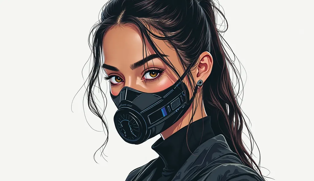 young women, cyberpunk theme, wear face mask,  half body, plain background