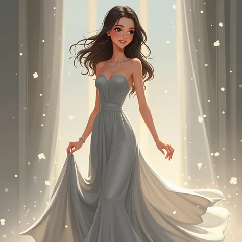 Animated beautiful woman wearing bridesmaid gray gown 