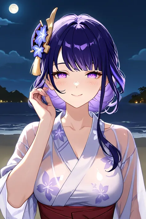 1 girl, Translucent fabric, beach, summer, smile on face, wife ,   smile on her face, 1 girl , purple eyes, yukata miko, red yukata , yukata, night,moon🌙, genshin impact, raiden Shogun , Adult woman, wife, Different hairstyles, Beautiful hairstyles,