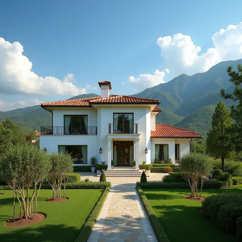 "A luxurious two-story country villa located at the foot of a lush green mountain under a clear blue sky with scattered white clouds. The house has a Mediterranean architectural design, with a pristine white exterior, red tiled roof and large glass windows...