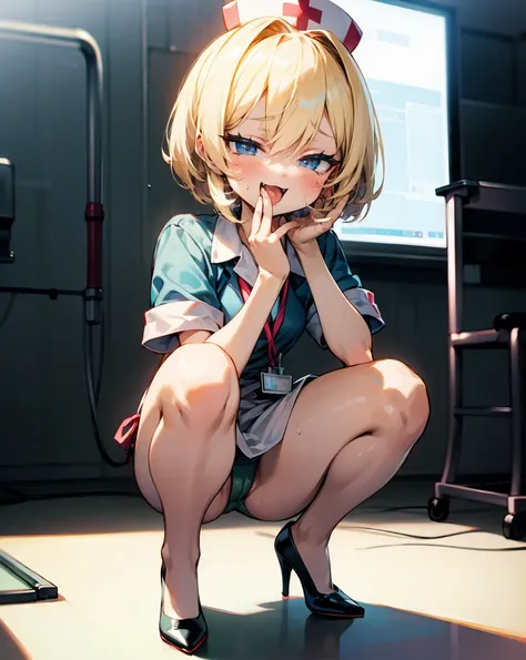 blonde bob hair blue eyed girl、hair between their eyes、green bikini and white nurse shirt、Are you wearing high heels、Dynamic squat poses in a hospital operating room、depth of field、 blushes、、 petite and slender body、by、sweaty skin、rough breathing, open you...