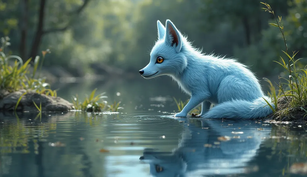 The jackal(the jackal color is light blue) looking at his reflection in a pond, shocked by his blue appearance.