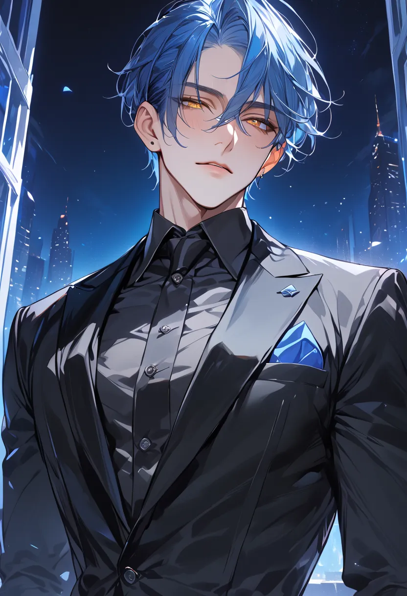 (Masterpiece, high resolution, best quality), solo, 1 male, 25-years old man, handsome, short-straight and blue hair, yellow eyes, tall, black suit, black dress shirt, upper body, blush, looking at viewer, bright background