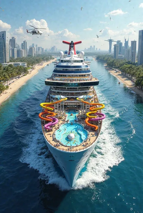 Background image of a cruise ship showing in detail the leisure area where we can see a Ferris wheel and several colorful slides that circle around the ship, a swimming pool,  a sports court a show area with several people and a helipad with a helicopter p...