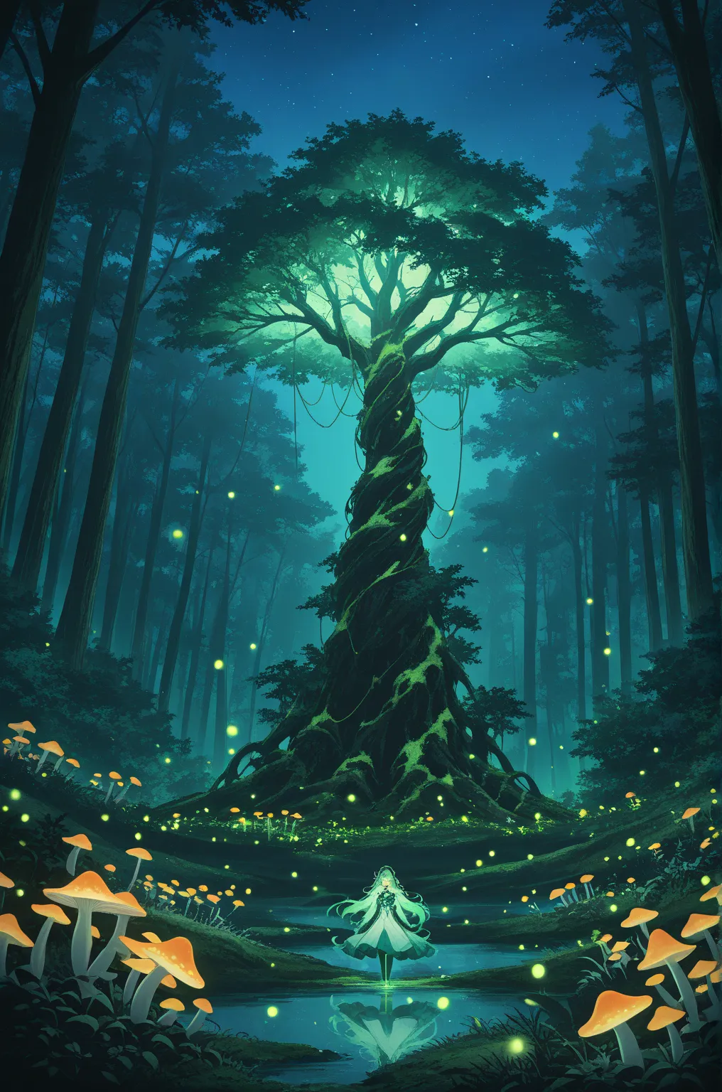 A mysterious Japanese forest in an anime art style at night. The scene is bathed in soft moonlight filtering through towering ancient trees with twisted roots and dense foliage. Mist drifts between the trunks, giving the forest an ethereal glow. The underg...