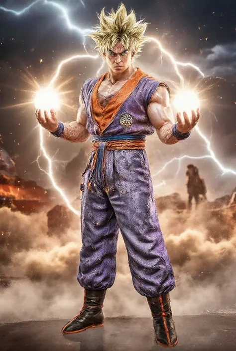 A highly detailed anime-style illustration of Son Gohan from Dragon Ball in his age form, transformed into a Super Saiyan. He has golden spiky hair and glowing greenish-blue eyes, wearing his battle-worn purple Piccolo-style gi. Gohan is in an intense batt...