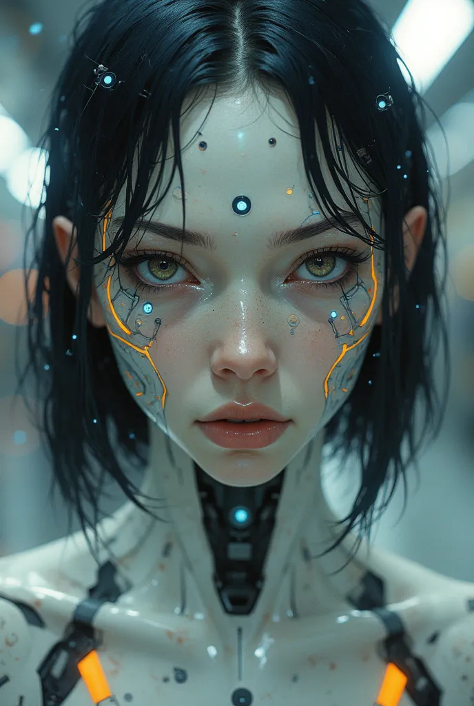 A high-resolution close-up photo of a striking woman with a cybernetic arm. Her face has a pale, metallic sheen, with glowing blue dots on her forehead and cheeks, adding an otherworldly touch. Her almond-shaped eyes gleam with a mix of amusement and chall...