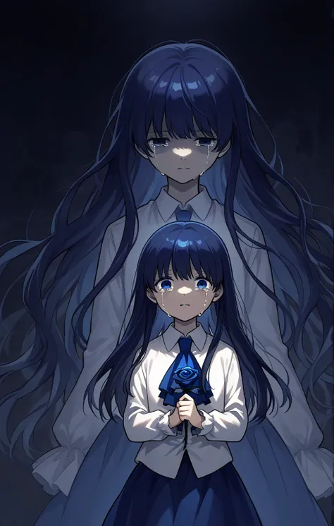 IB, long hair, blue eyes,  dark blue hair ,  ascot  , Blueskirt, skirt, Blue  ascot  ,   shirt, white   shirt, collared   shirt,   Long Sleeve,Alone,1 girl,Museum of Terror,Black Night Sky,Holding a blue rose,Crying and Scared
