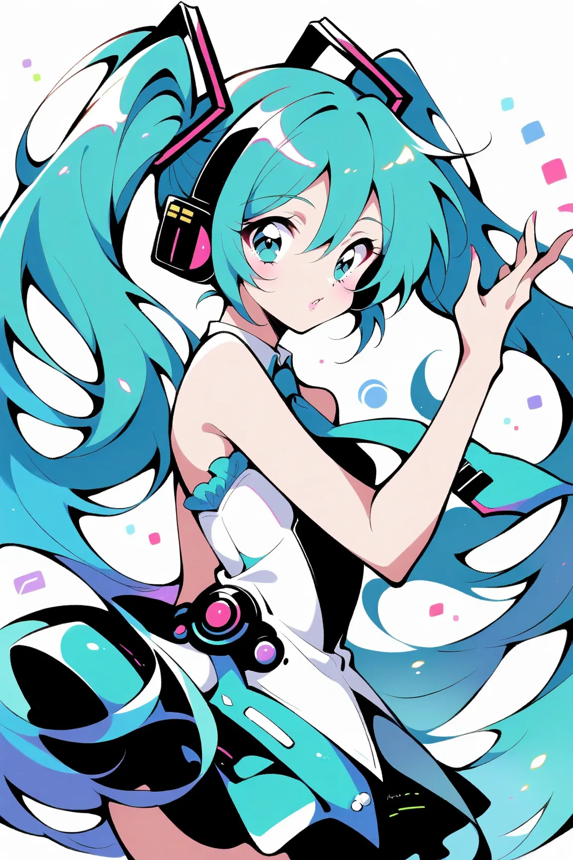 (has the best quality, sketch:1.2),practical, illustration designer  ,cunning，  mealioff  ,1 girl,   Hatsune Miku  ， delicate lips , hand， strapless， Neon long hair  ,  high ponytail green  ， skirt，  masterpiece,  This style is very retro, DJ.Emphasize out...