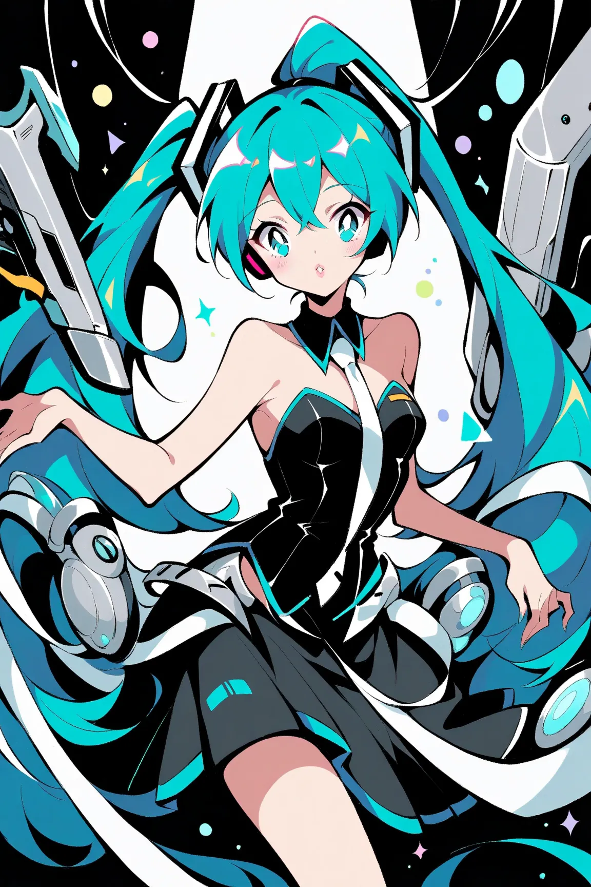 (has the best quality, sketch:1.2),practical, illustration designer  ,cunning，  mealioff  ,1 girl,   Hatsune Miku  ， delicate lips , hand， strapless， Neon long hair  ,  high ponytail green  ， skirt，  masterpiece,  This style is very retro, DJ.Emphasize out...