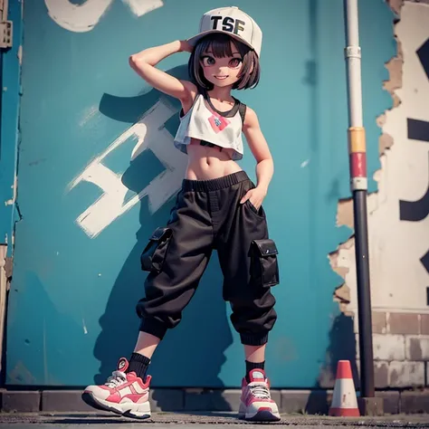 cool athletic girl, short hair, crop top and cargo pants, street dance pose, graffiti wall background, energetic and confident smile, hip-hop style"