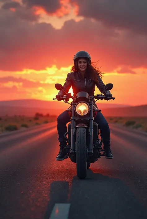 Create a realistic image to be posted on Instagram, of a woman riding a motorcycle wearing protective accessories such as a jacket and helmet, heading towards the horizon with an exuberant sunset 