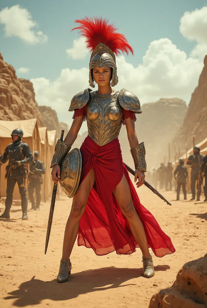 score_9, zendaya,  1 girl, warrior, medieval armor over red clothes, feather helmet, sword in hand,  desert, medieval military camp