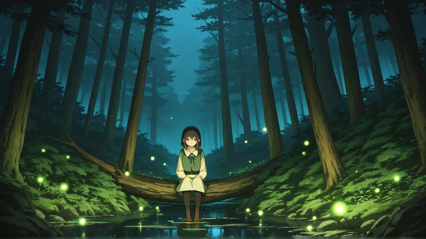 A peaceful Japanese forest in an anime art style at night. The scene is illuminated by soft moonlight filtering through tall cedar and oak trees. The forest floor is covered with lush green moss, ferns, and scattered rocks. A gentle breeze rustles the leav...