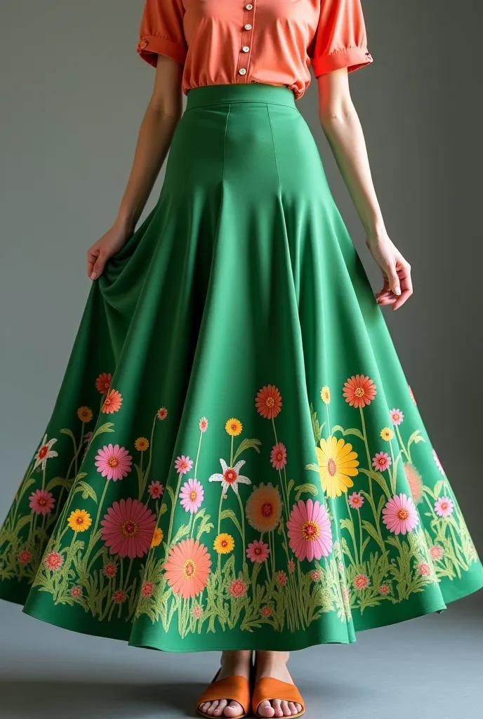 Create sa circle skirt above the knee with silky and green fabric, and small pink and yellow flowers but traditional wau