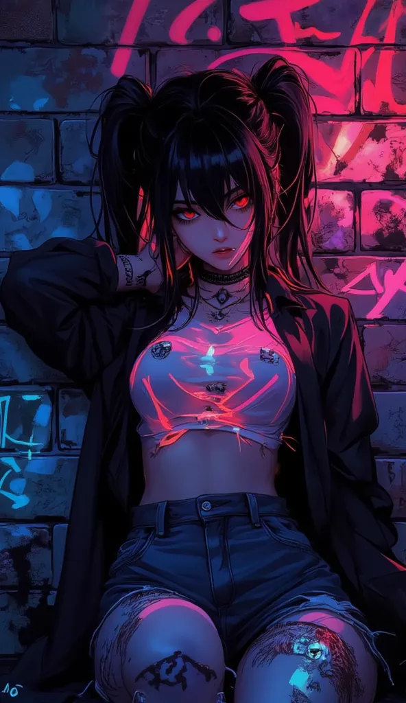 best quality, intricate details, chromatic aberration, 1girl, long hair, black hair, messy hair, red highlights, hair over one eye, red eyes, sharp eyes, choker, neon shirt, torn legwear, open jacket, against wall, brick wall, graffiti, glowing grafiti, gl...