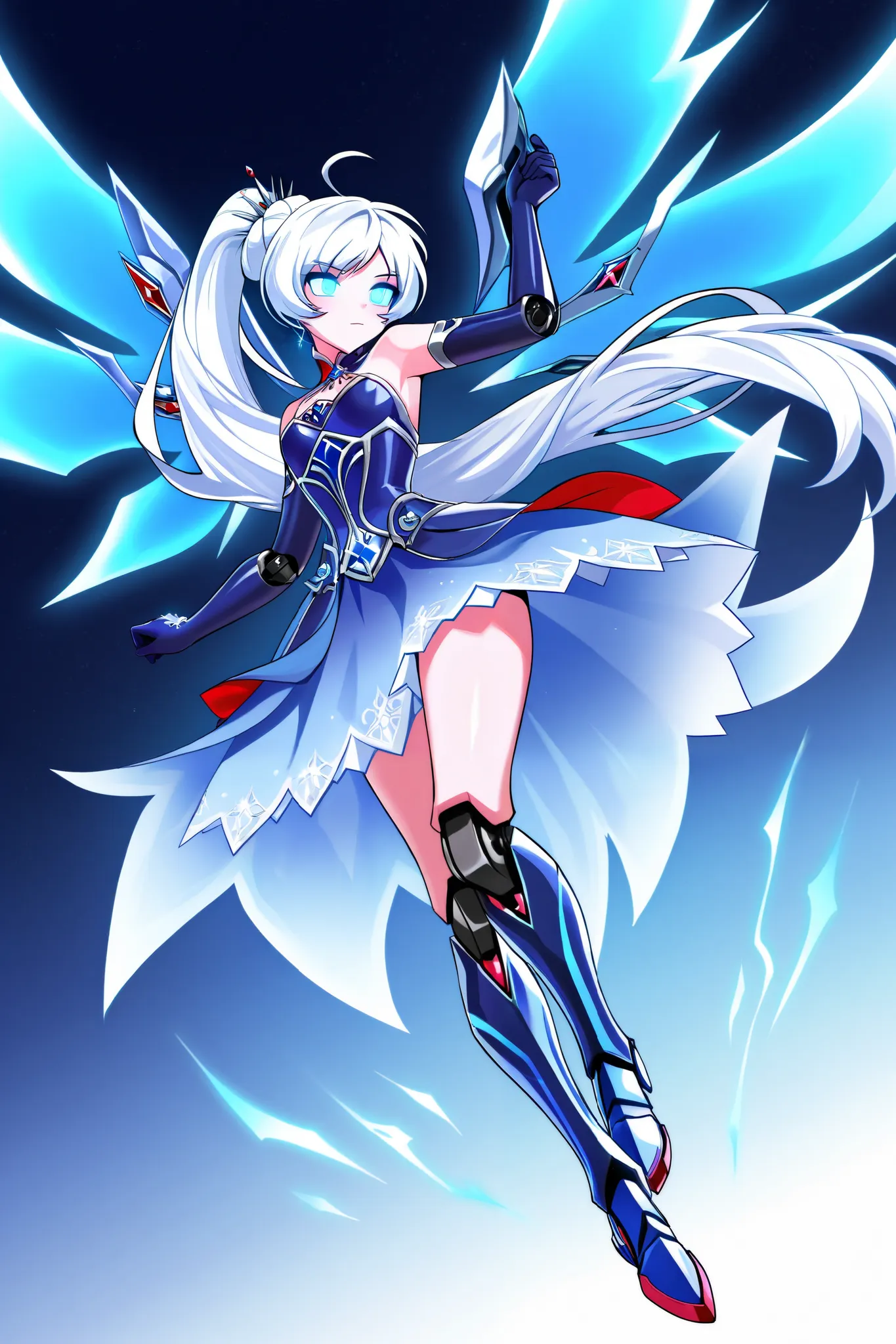 Weiss Schnee, Chung from Elsword, Full Body, Mechanical Legs (Mechanical Joints), Blue Energy Wings, Cyborg Armor, Bare Shoulders, White Hair, Long Hair, Ahoge, Blue Eyes, Glowing Eyes, https://s.mj.run/Y33qfmwm0rQ