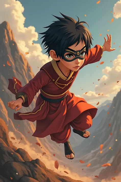 Avatar a lenda de Aang style.A boy with short black hair is he wears a black headband with gold details covering his eyes and he wears a Fire Nation outfit is he is dominating blood is he is jumping is down there is a mountain 