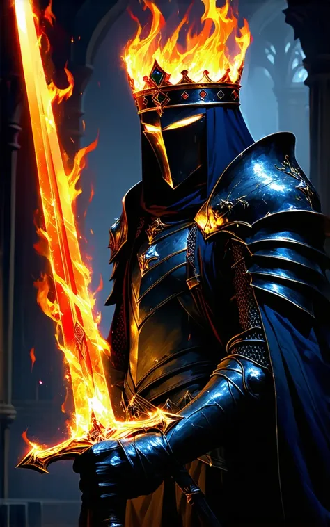 Dark lord, face to the viewer, dark crown, sword covered in flames, holding sword, glowing eyes, dark armor, flames aura, glowing helmet visor, detailed, detailed background, professional art, 