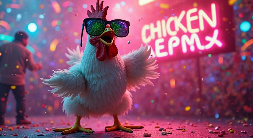 A ridiculously funky chicken with an over-the-top energetic expression, wearing outrageously oversized, flashy sunglasses. The chicken’s beak is wide open like it just heard the best joke of its life, and its eyes are so wide they might pop out! It’s total...