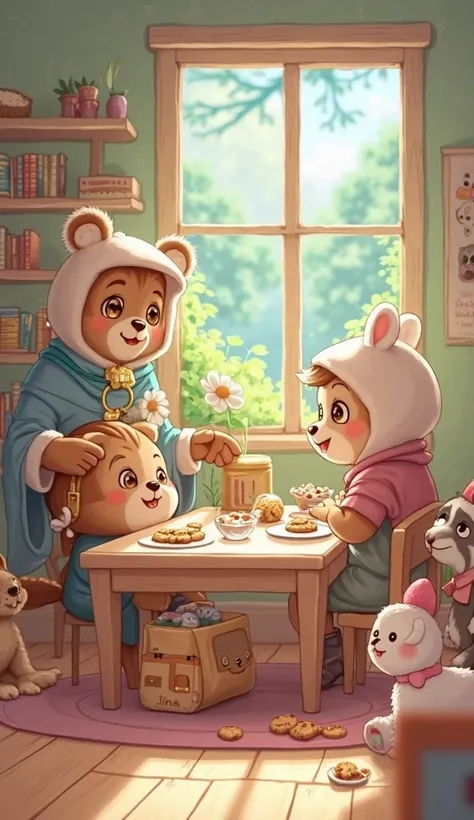  Stage 1: Preparing Travel Supplies 🎒🏡 Prompt: An anthropomorphic little bear with a ring of the moon around his neck,   about the size of a medium-sized dog, It's a cozy nursery classroom、everyone I'm about to eat cookies at the table、There's also Umi, a ...