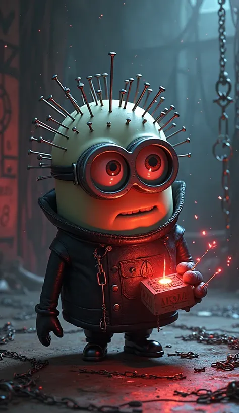 Create a highly detailed and darkly humorous digital illustration of a Minion from Despicable Me reimagined as Hellraiser's Pinhead. The Minion should be styled to resemble Pinhead, with its signature grid of nails embedded in its head, pale skin, and a da...