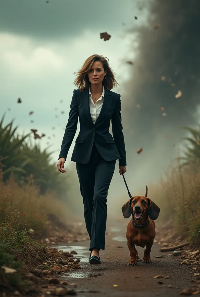 Official baddie woman  walking her ultra happy daschound during a cyclone, tornado ultra wind sexy